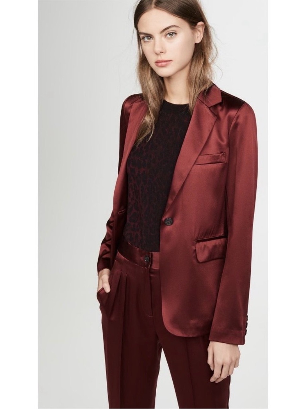 Nili Lotan Sophia Satin 100% Silk Blazer Jacket Single Breasted Ruby Red Size 10